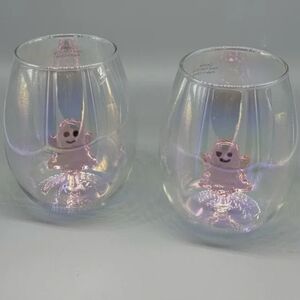 2 Pink FLOATING GHOST Hand Blown 3D Whimsical HALLOWEEN Stemless WINE GLASS Set